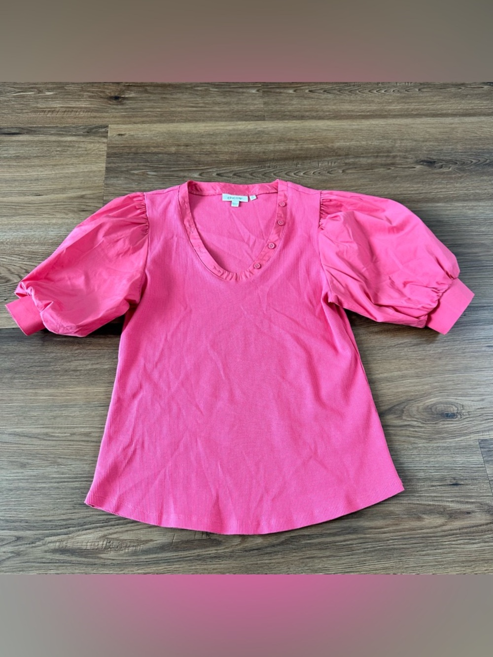Chicos Ribbed‎ Knit Puff Sleeve Button Detail V-Neck Top Shirt Size 0 Small Pink
